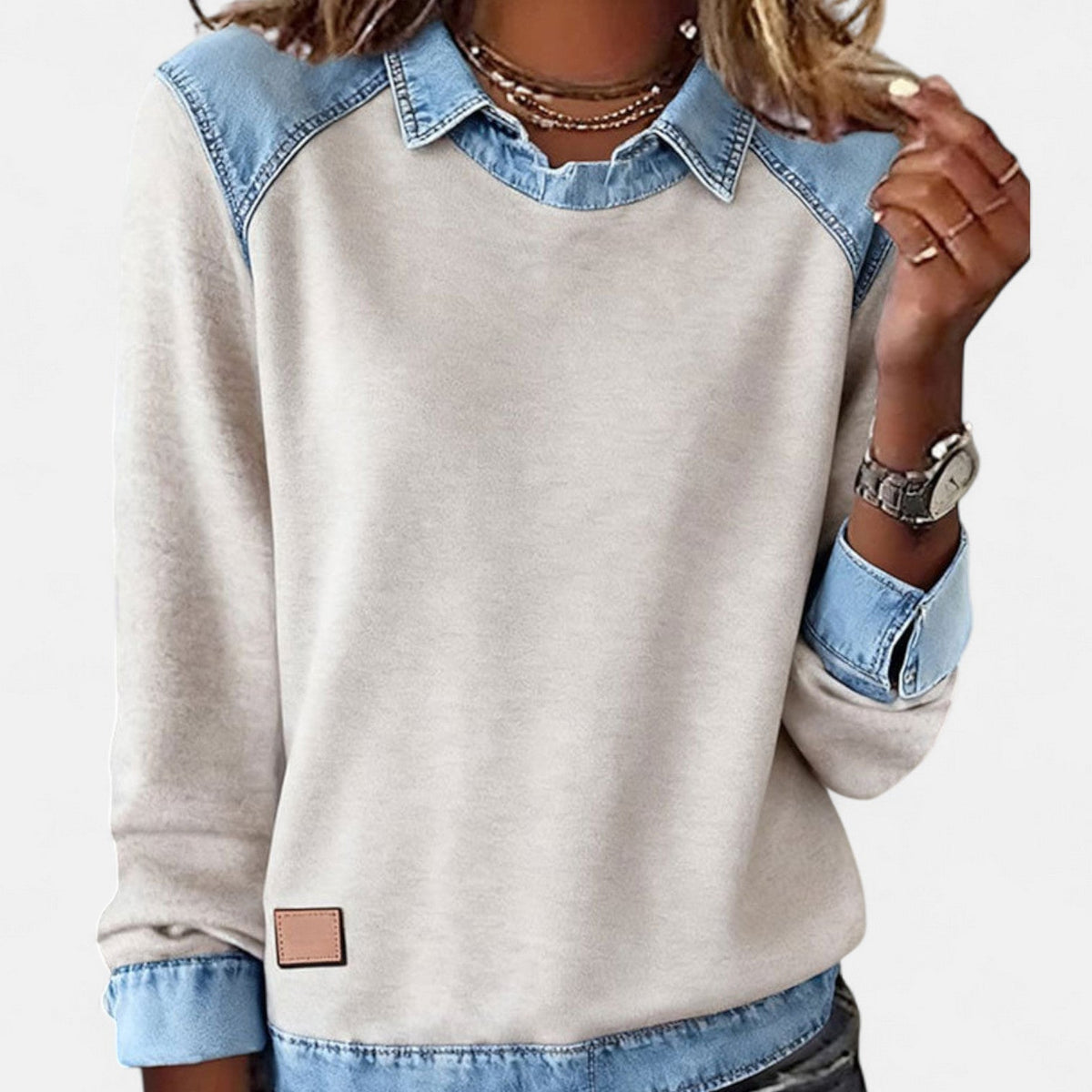 Women's long sleeve sweater with contrasting denim-style collar and cuffs