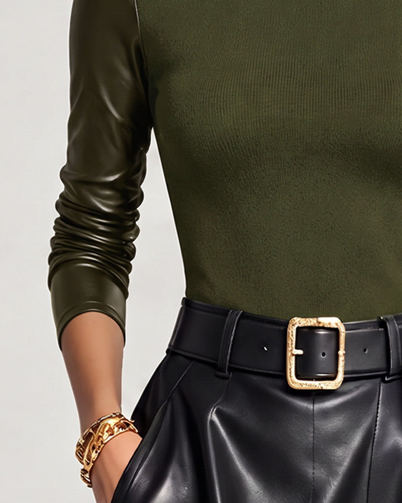 Women's fitted turtleneck top with long sleeves and contrasting glossy sleeve finish