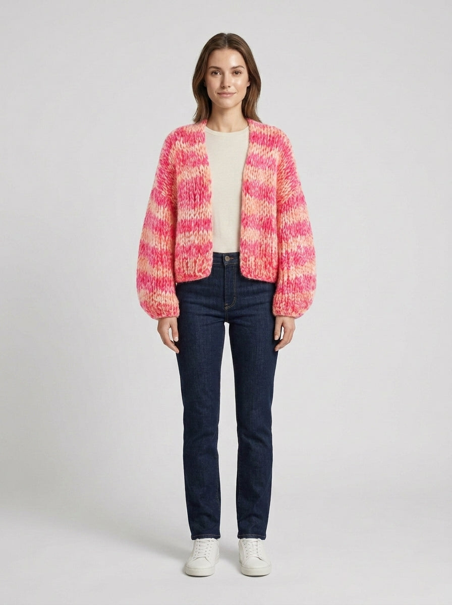 Women's pink and cream striped cropped cardigan with long balloon sleeves