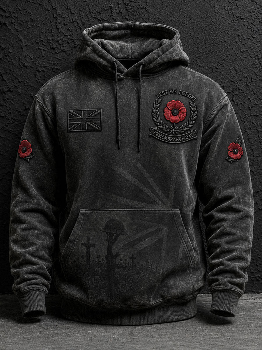 Men's pullover hoodie with drawstring hood, kangaroo pocket and remembrance-themed poppy graphics