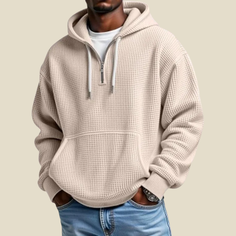 Men's quarter zip waffle texture hoodie with hood and kangaroo pocket