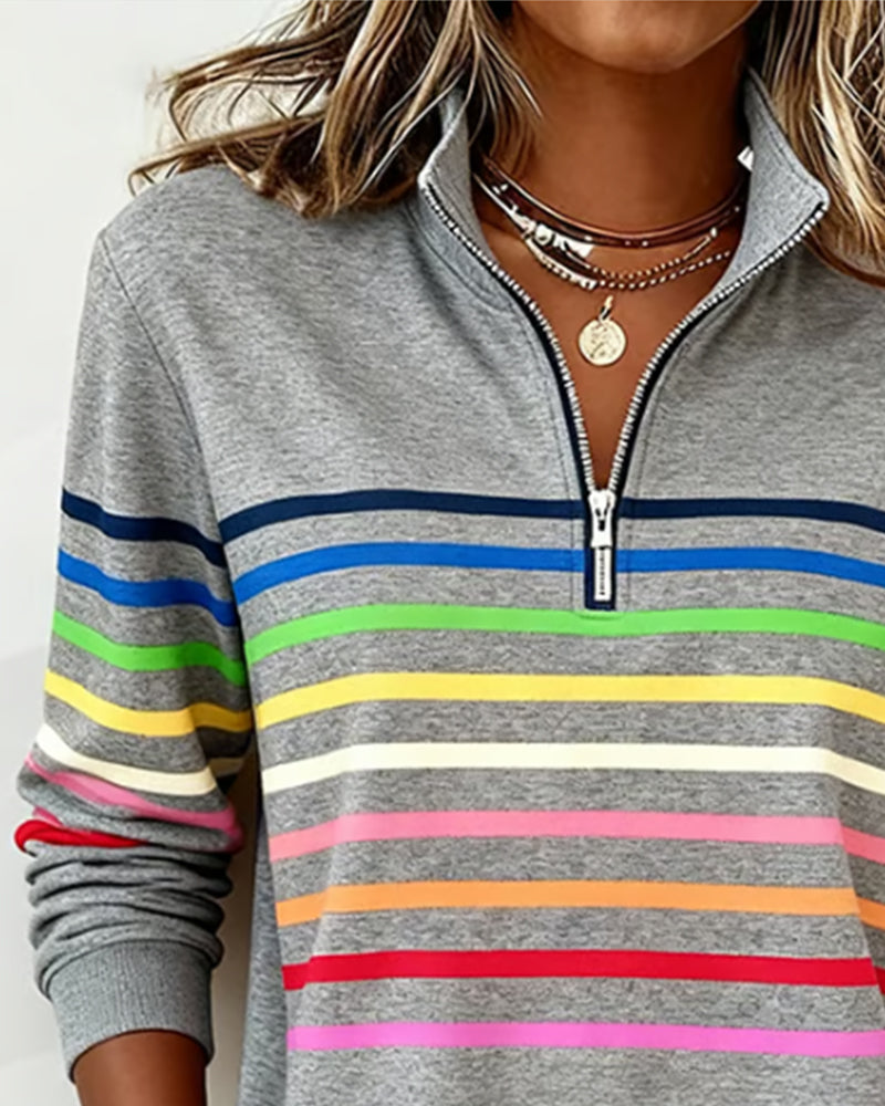 Women's multicolour striped quarter-zip sweatshirt with mock neck and long sleeves