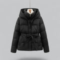 Women's quilted hooded parka with waist belt and long sleeves