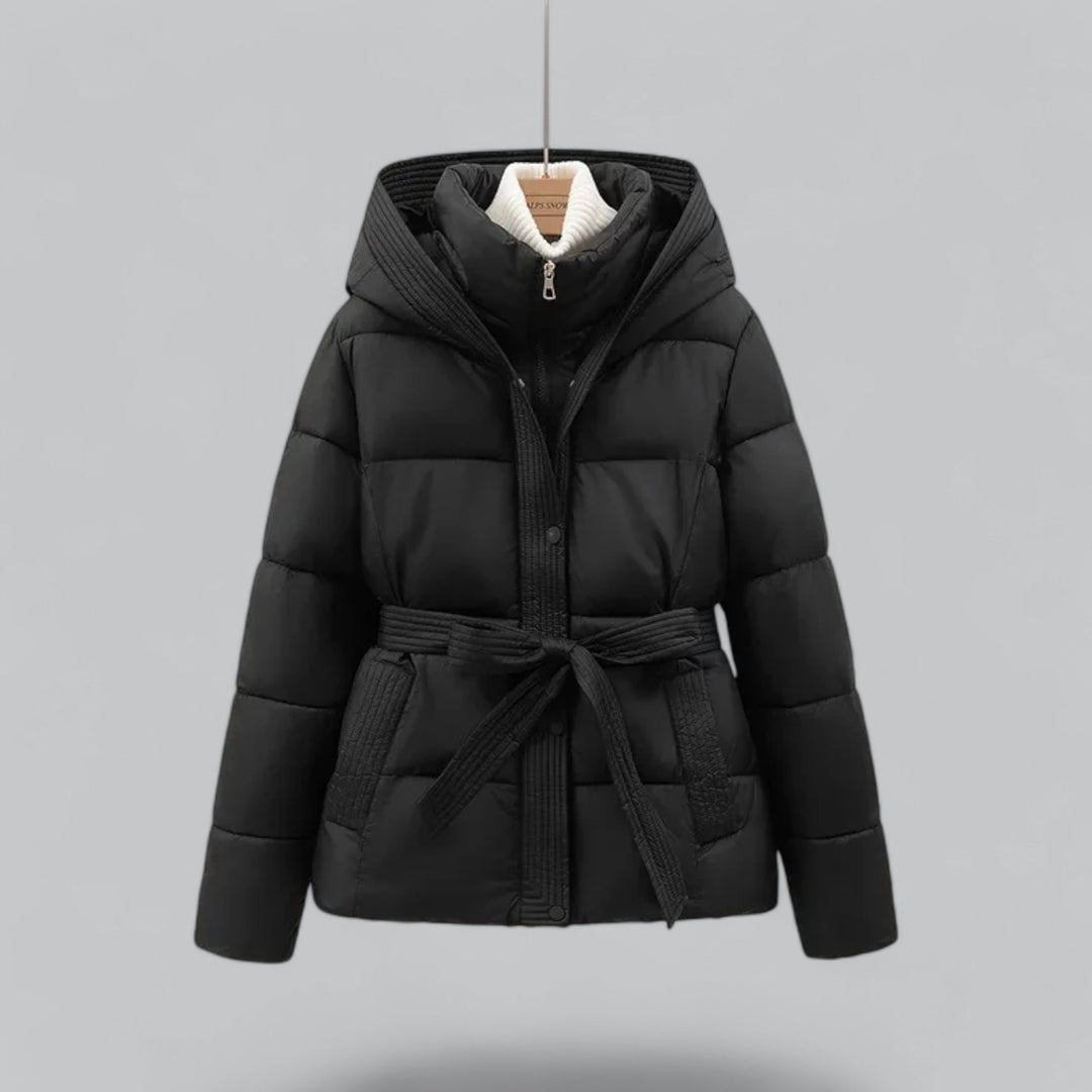 Women's quilted hooded parka with waist belt and long sleeves