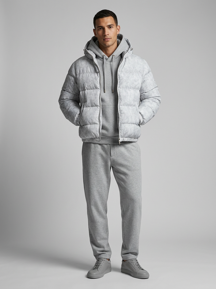 Men's hooded quilted puffer jacket with zip front