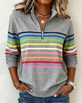 Women's multicolour striped quarter-zip sweatshirt with mock neck and long sleeves