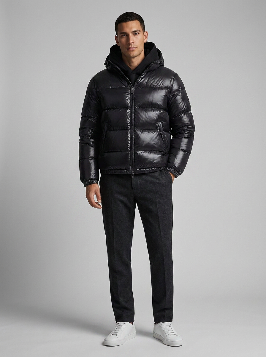 Men's hooded quilted puffer jacket with zip front