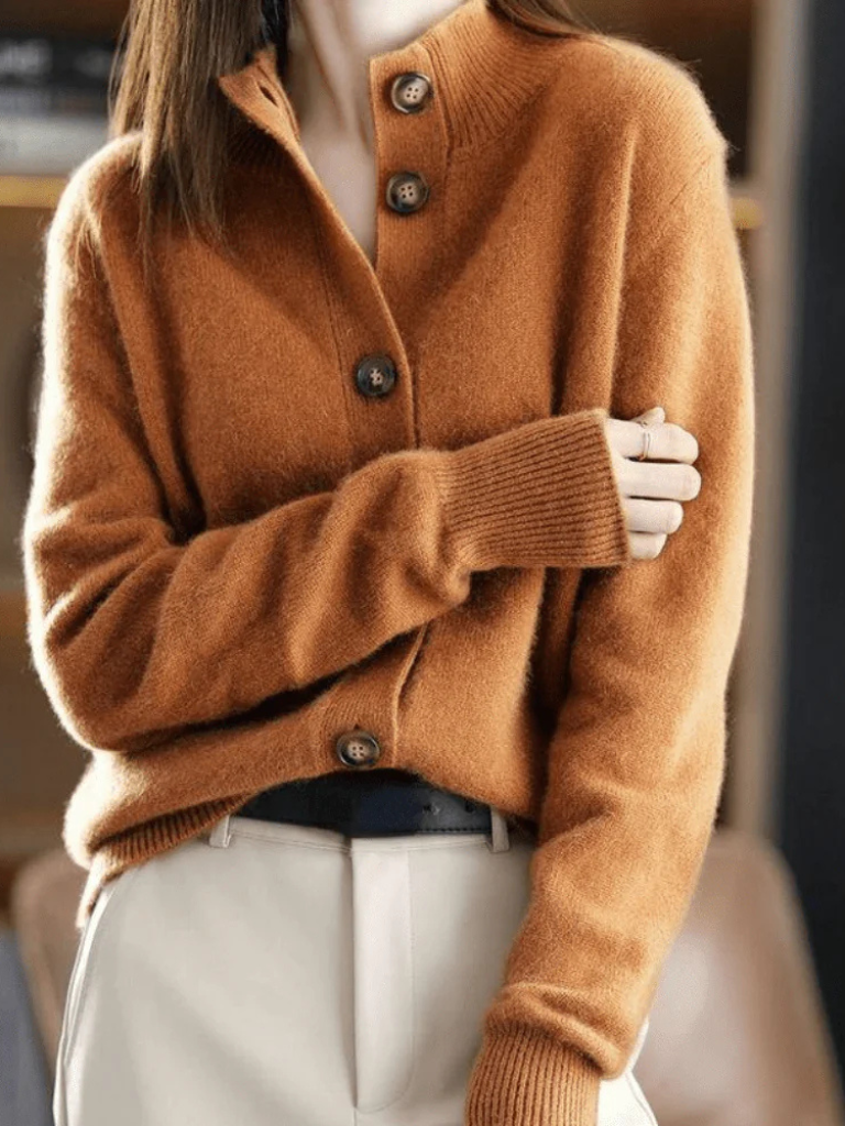 Women’s Mock Neck Brushed Knit Button Cardigan