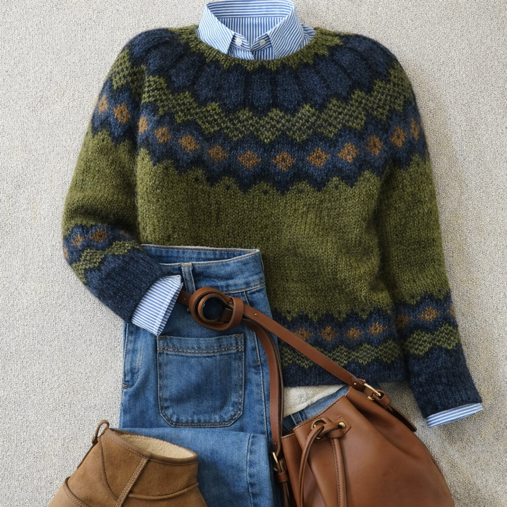 Women's green Nordic pattern jumper with crew neck and long sleeves