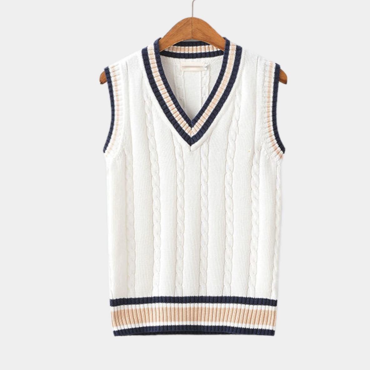 Women's sleeveless cable knit sweater vest with V-neck and striped ribbed trim