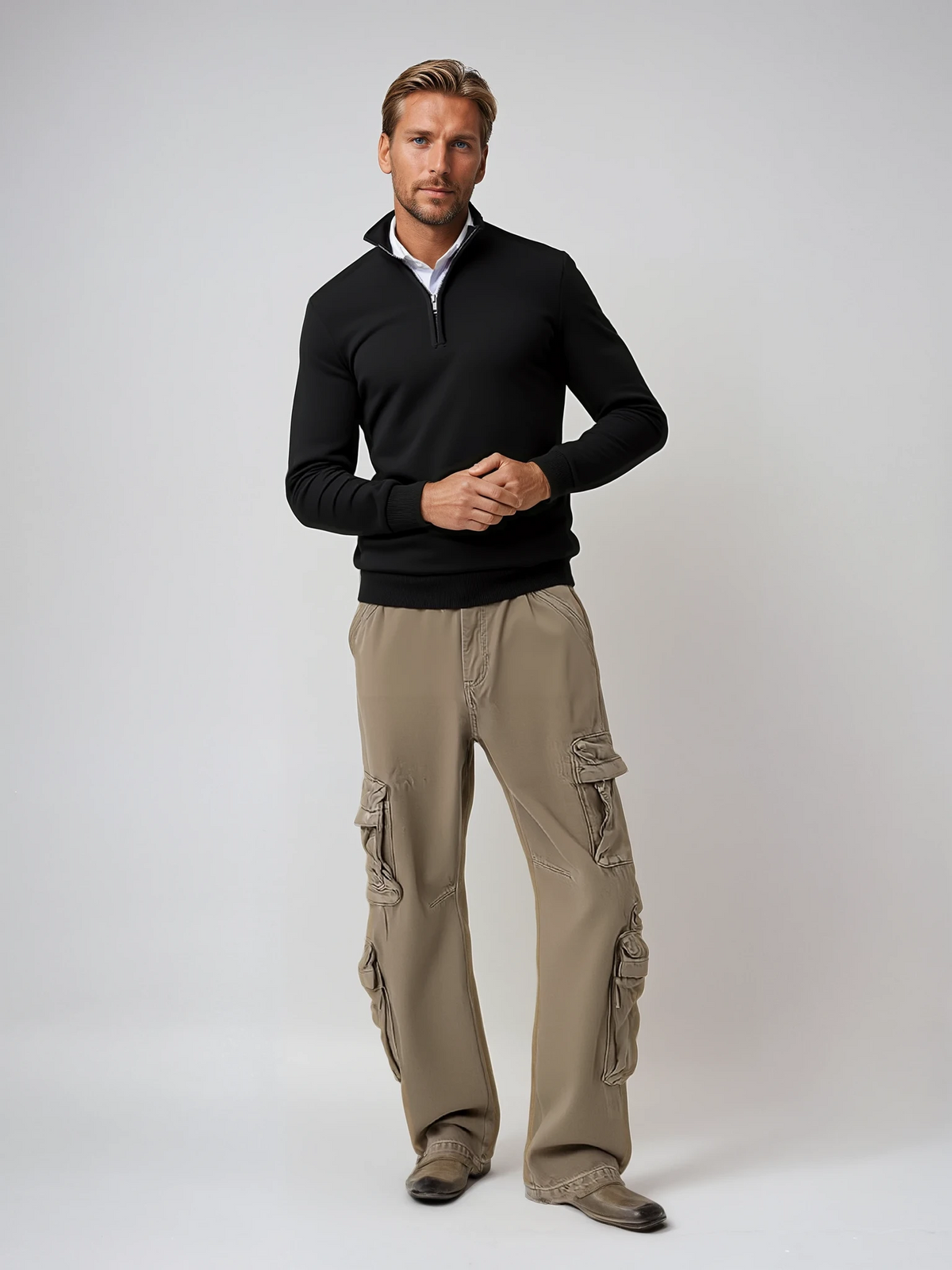 Men's long-sleeve half-zip sweater with mock neck and ribbed trims