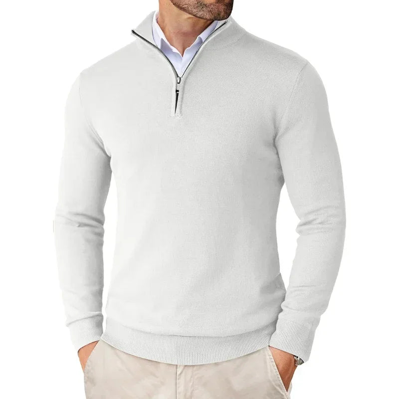 Men's long-sleeve half-zip sweater with mock neck and ribbed trims