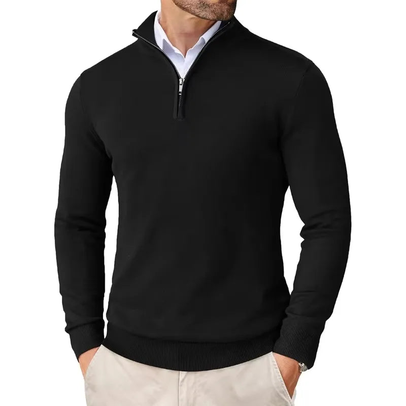 Men's long-sleeve half-zip sweater with mock neck and ribbed trims
