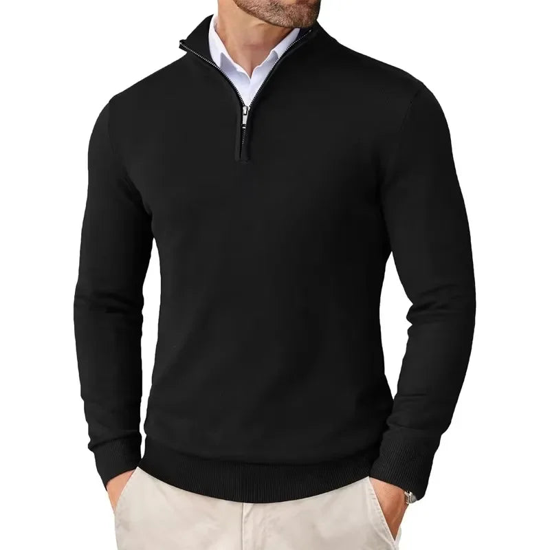 Men's long-sleeve half-zip sweater with mock neck and ribbed trims