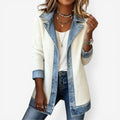 Women's longline knit cardigan with denim-look lapel collar and contrast trim
