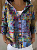 Women’s Hooded Patchwork Print Button Jacket