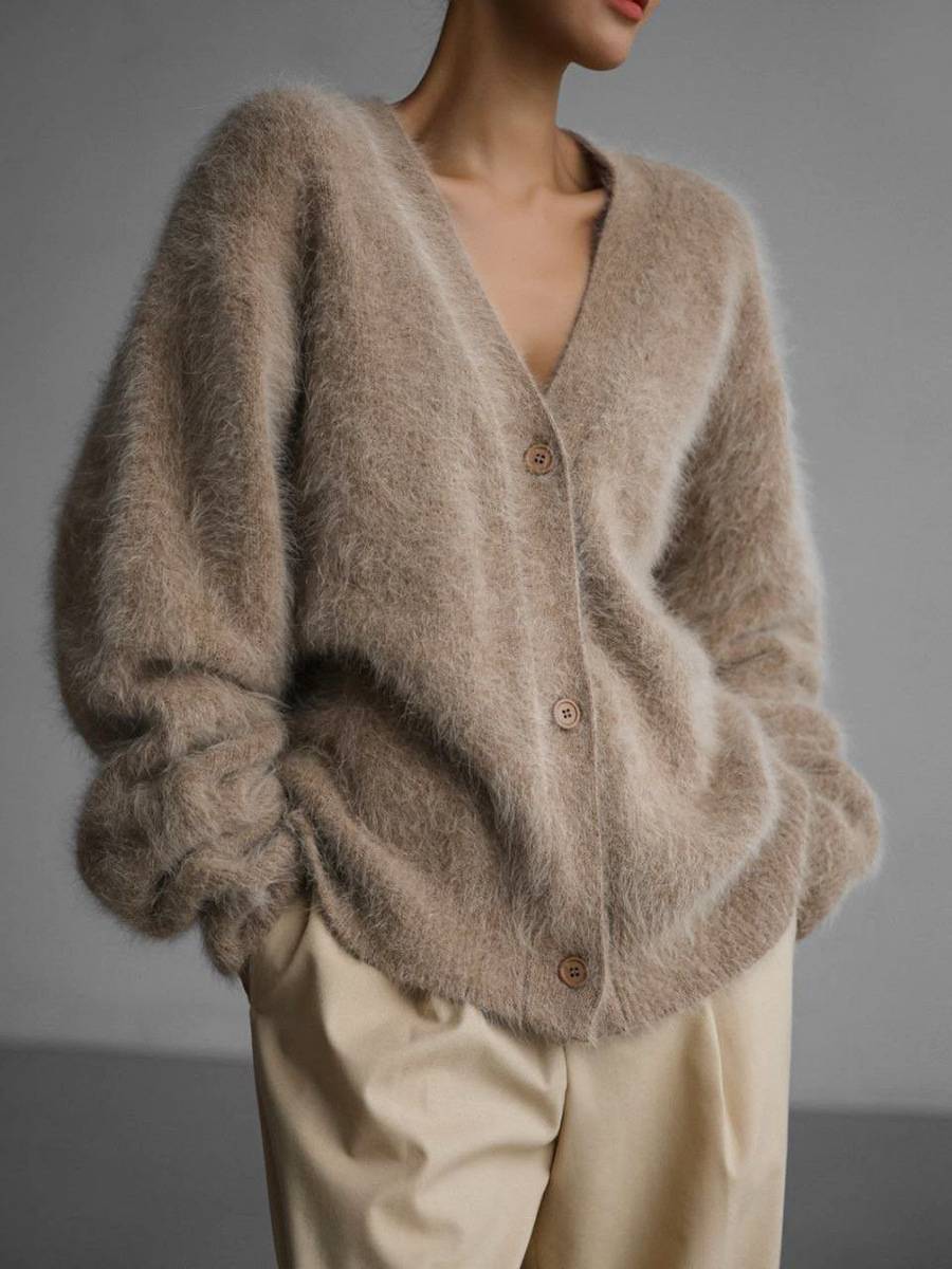 Women’s Oversized Fluffy Knit V-Neck Cardigan