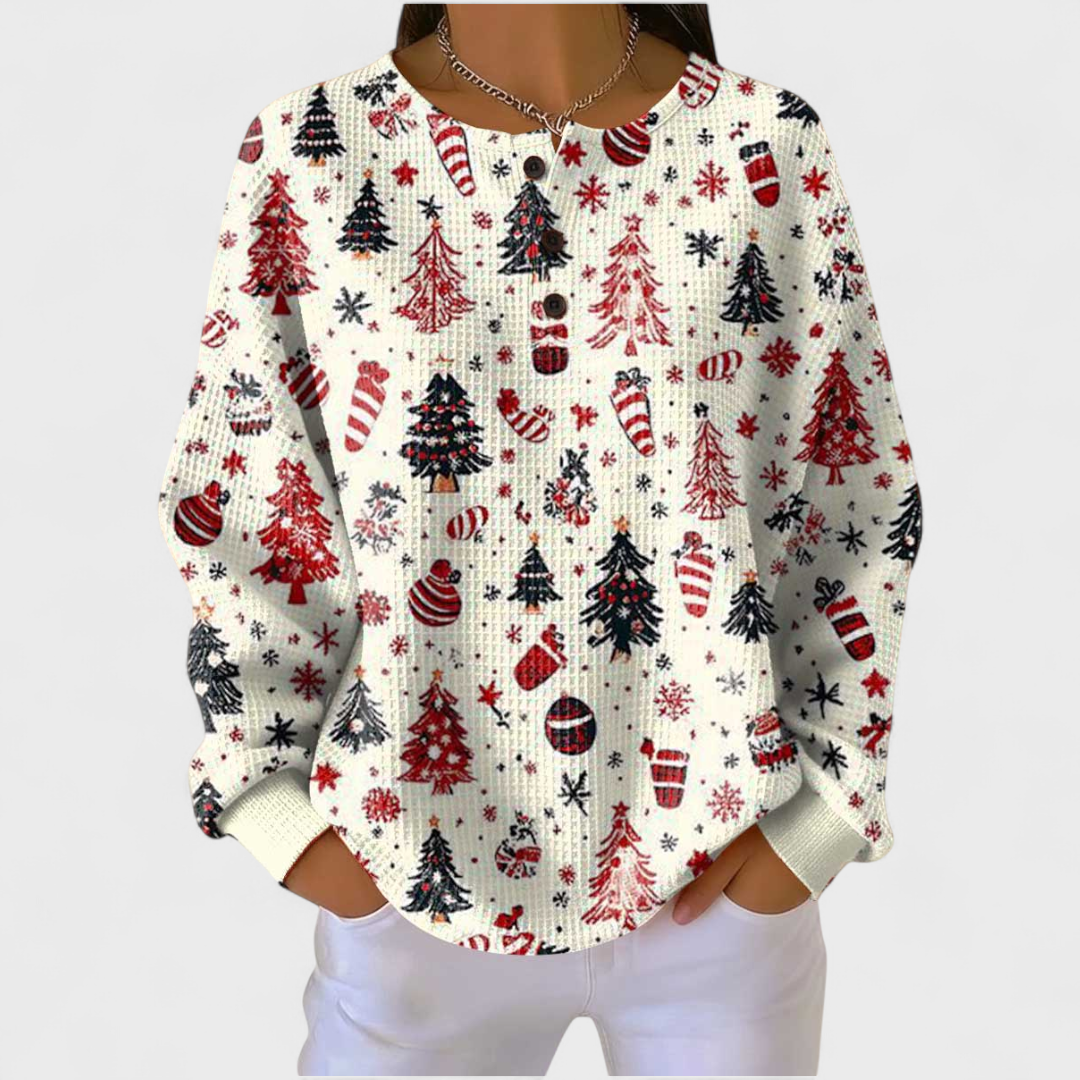 Women's Festive Print Button-Front Waffle Knit Top