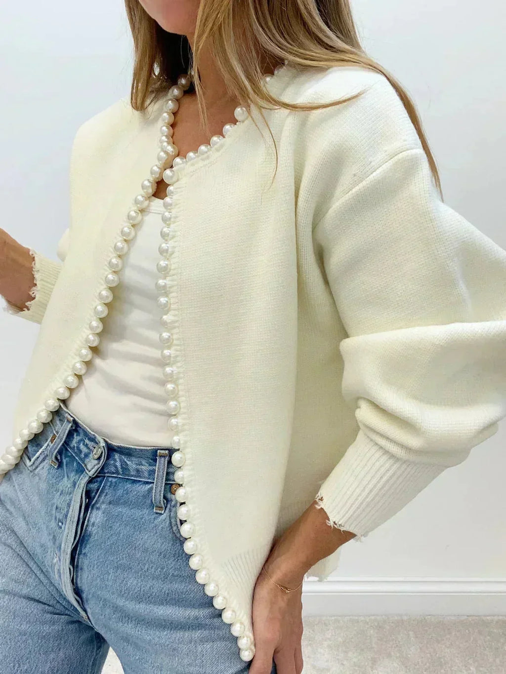 Women's Open-Front Cardigan with Pearl Trim Detail