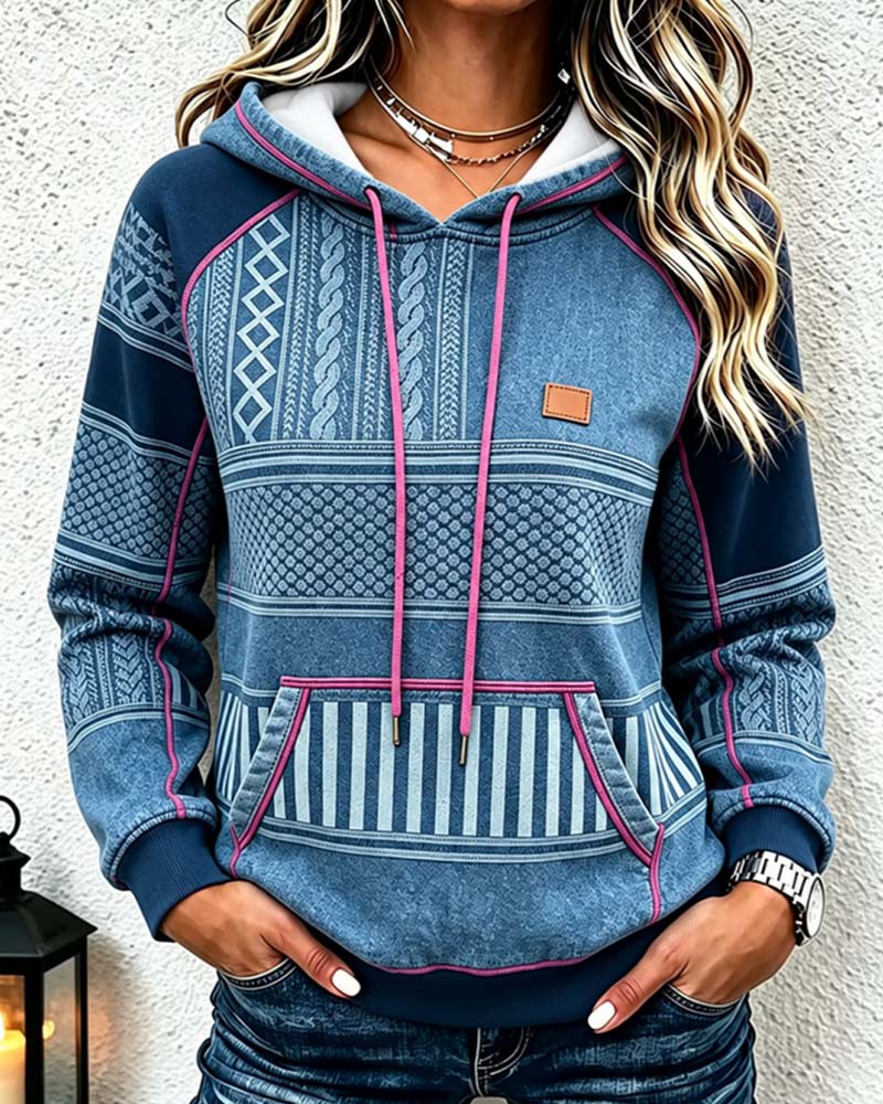 Women's Printed Drawstring Hoodie with Kangaroo Pocket