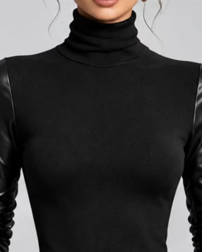 Women's fitted turtleneck top with long sleeves and contrasting glossy sleeve finish