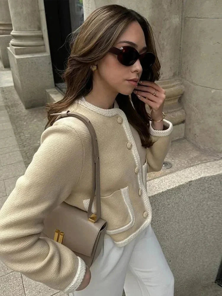 Women's Cropped Tweed-Style Jacket with Contrast Trim