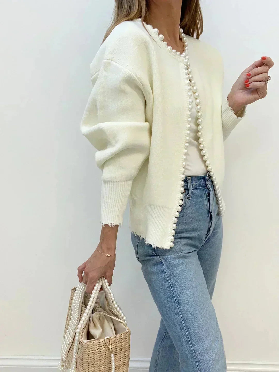 Women's Open-Front Cardigan with Pearl Trim Detail