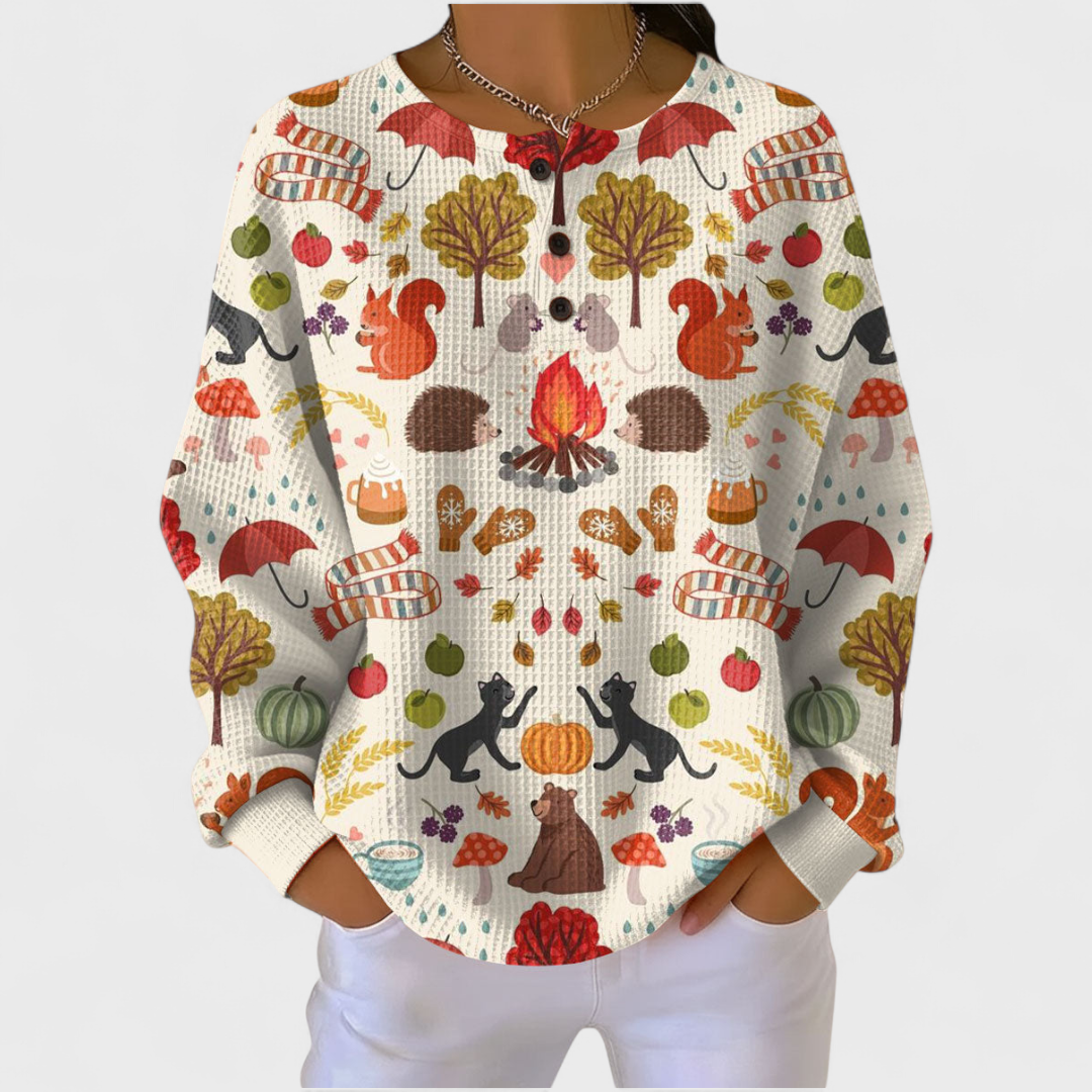 Women's Festive Print Button-Front Waffle Knit Top
