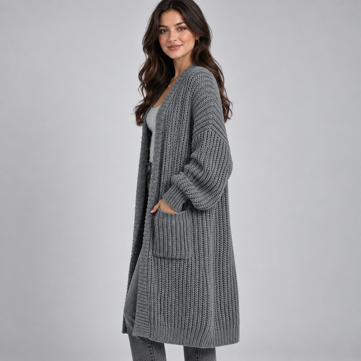 Women's Longline Chunky Knit Cardigan with Patch Pockets