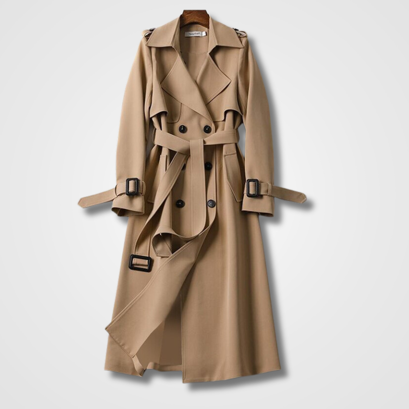 Women’s Classic Double-Breasted Trench Coat with Buckle Belt