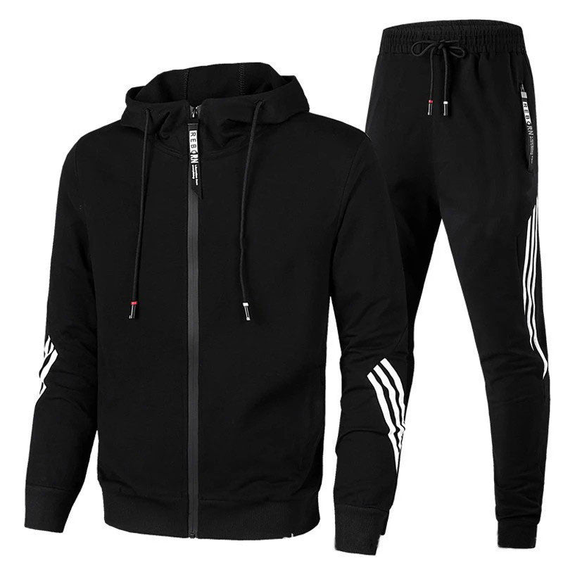 Men’s Hooded Zip Tracksuit Set with Contrast Stripes