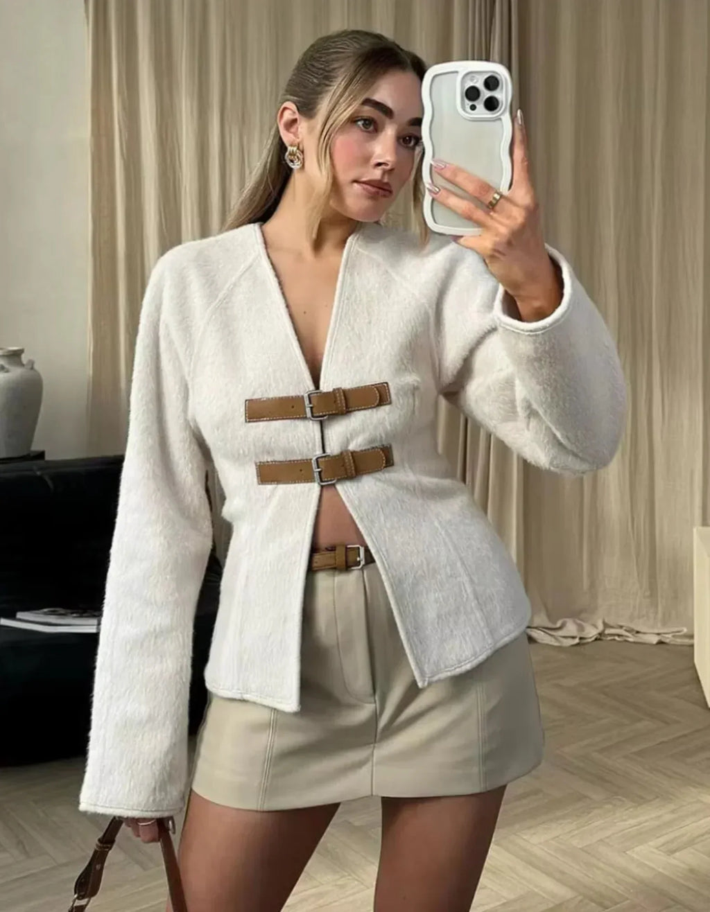 Women's Textured Jacket with Contrast Buckle Straps