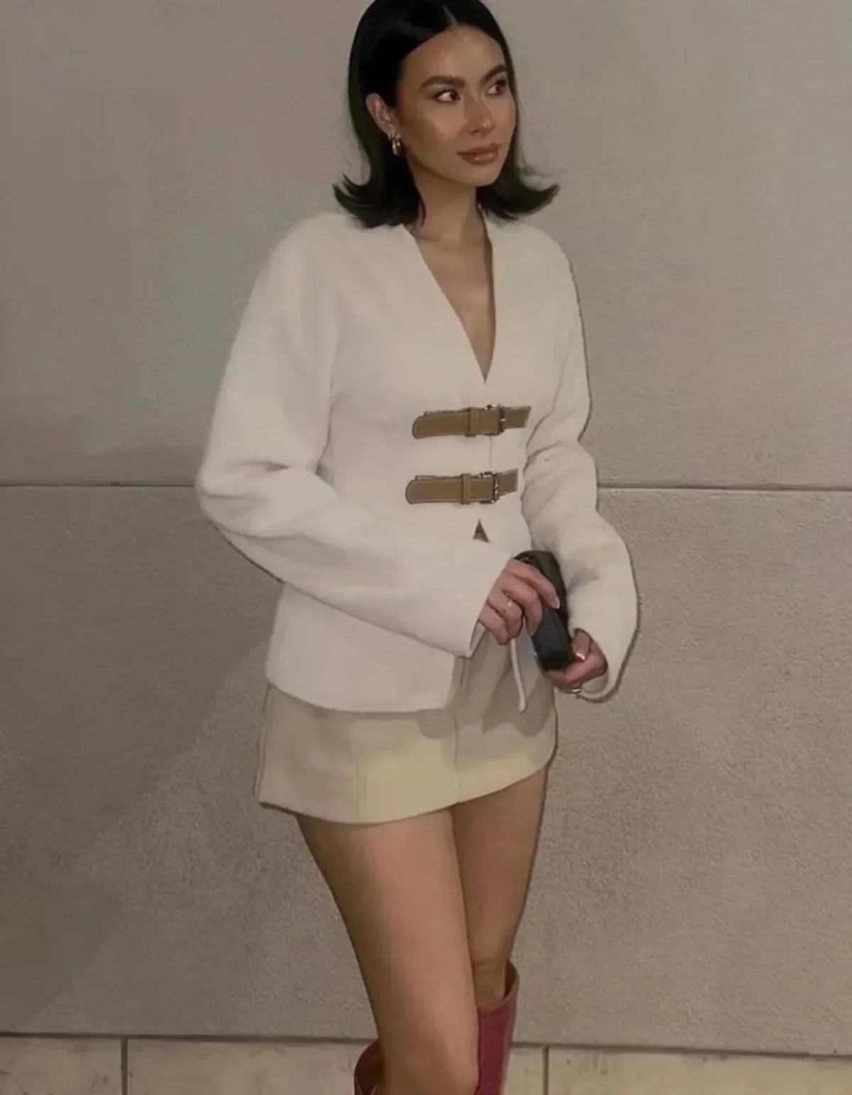 Women's Textured Jacket with Contrast Buckle Straps