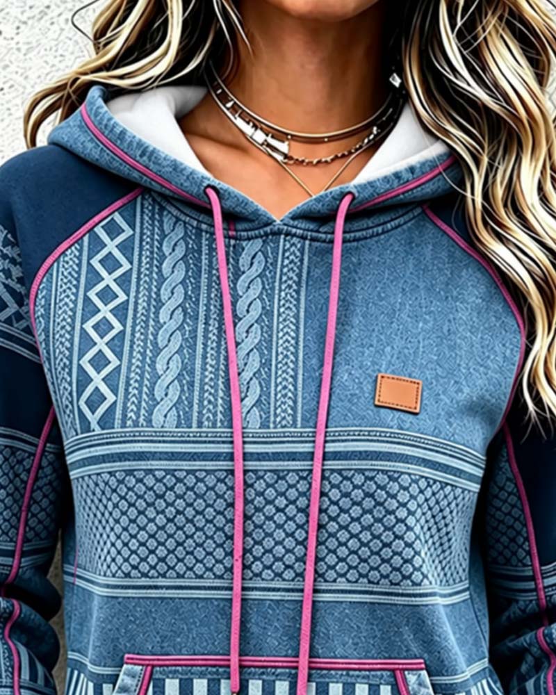 Women's Printed Drawstring Hoodie with Kangaroo Pocket