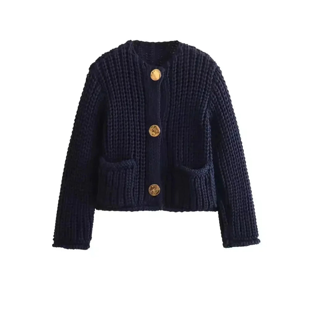 Women's Chunky Knit Cropped Cardigan with Gold Buttons