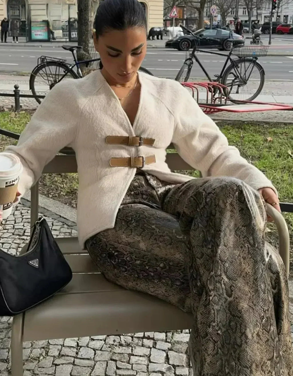 Women's Textured Jacket with Contrast Buckle Straps