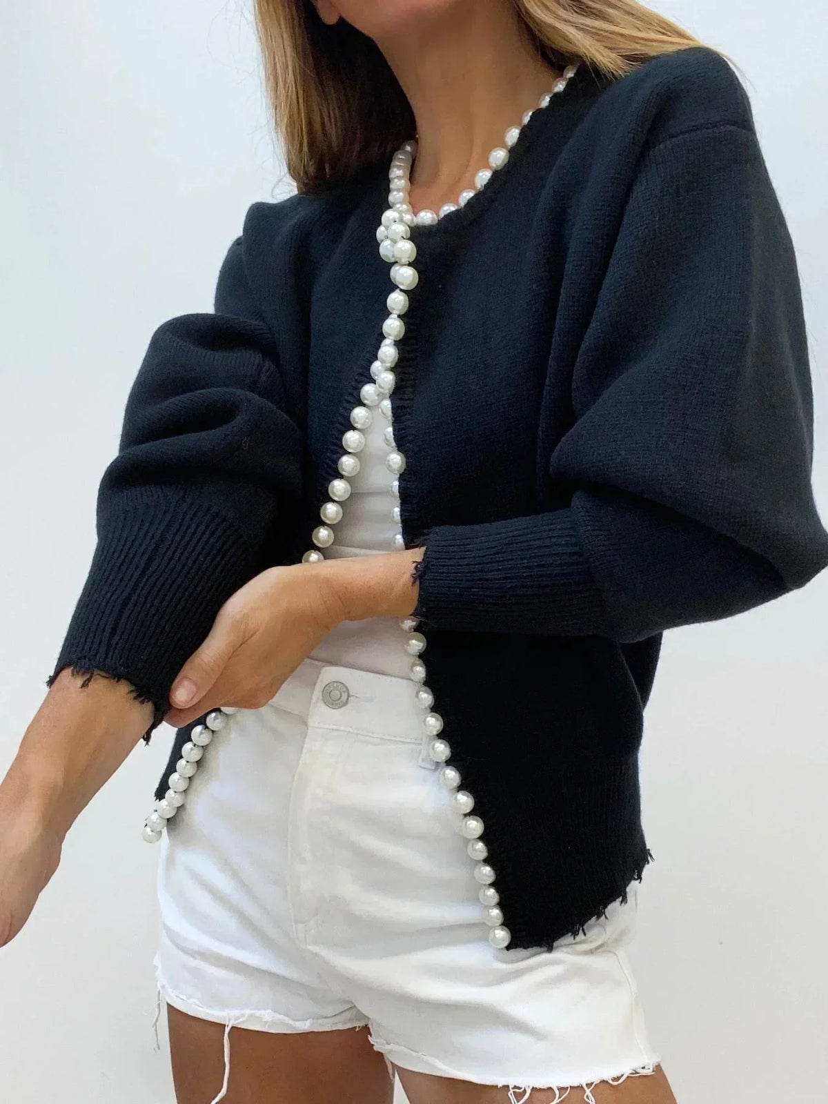 Women's Open-Front Cardigan with Pearl Trim Detail