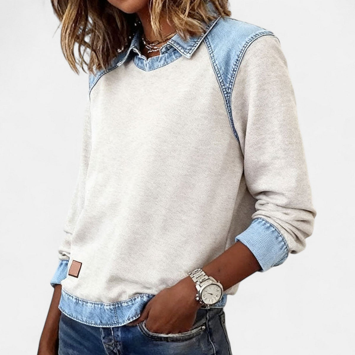 Women's long sleeve sweater with contrasting denim-style collar and cuffs
