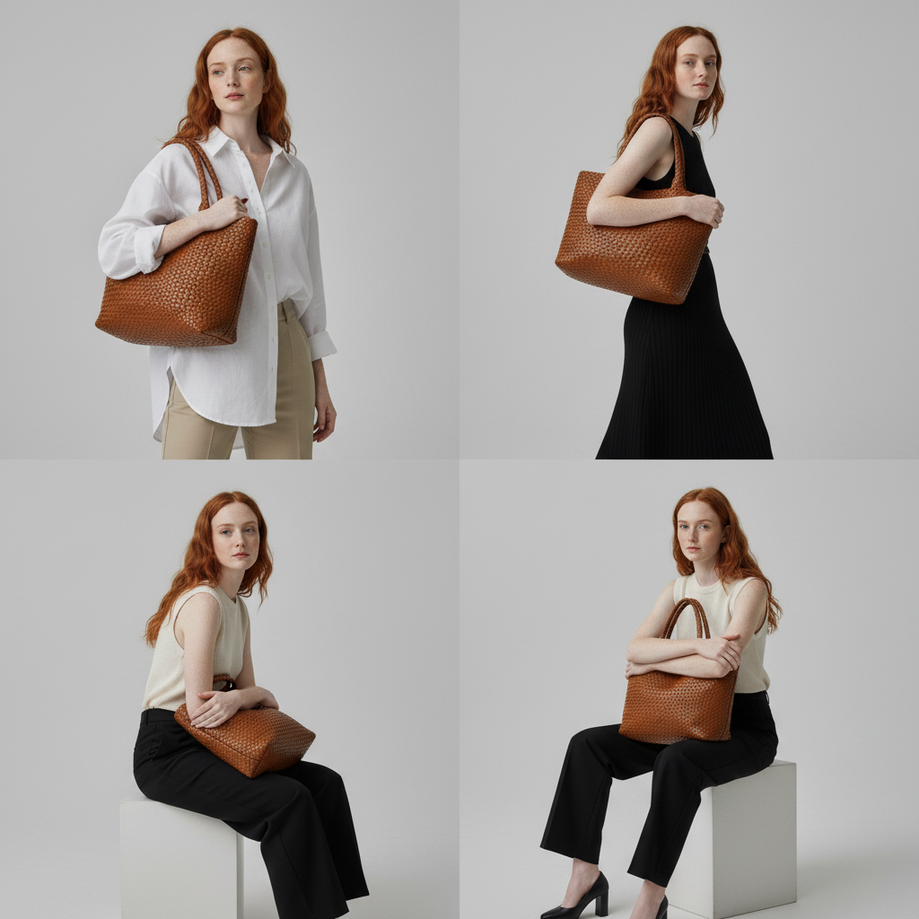 Women’s Woven Faux Leather Tote Bag with Braided Handles