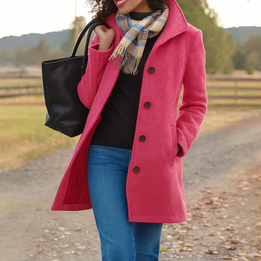 Women's Button-Front Wool-Look Coat with Notch Collar