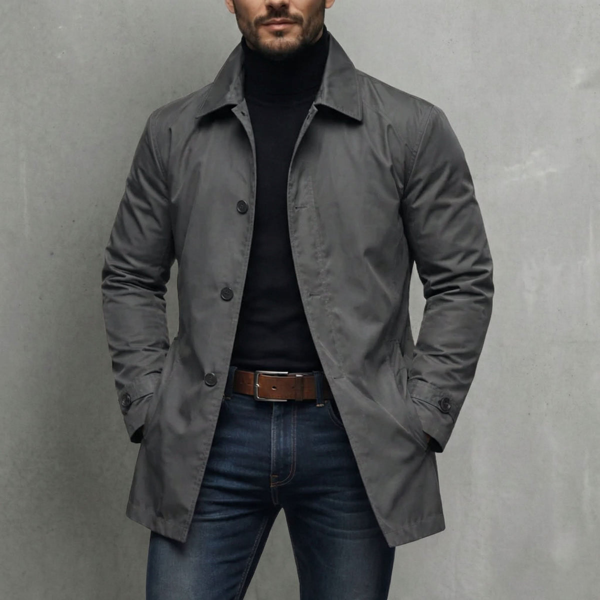 Men's Single-Breasted Longline Trench Coat