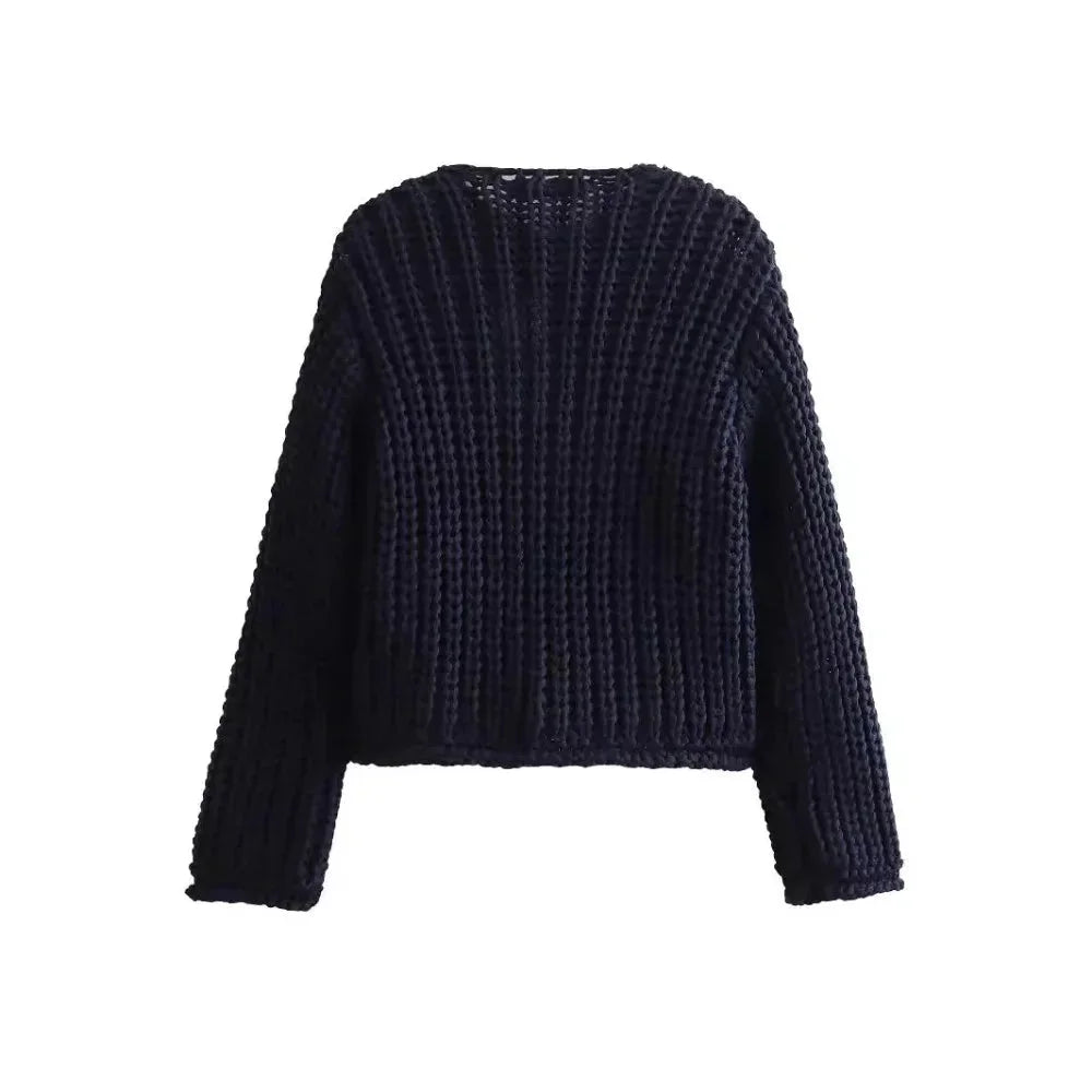 Women's Chunky Knit Cropped Cardigan with Gold Buttons