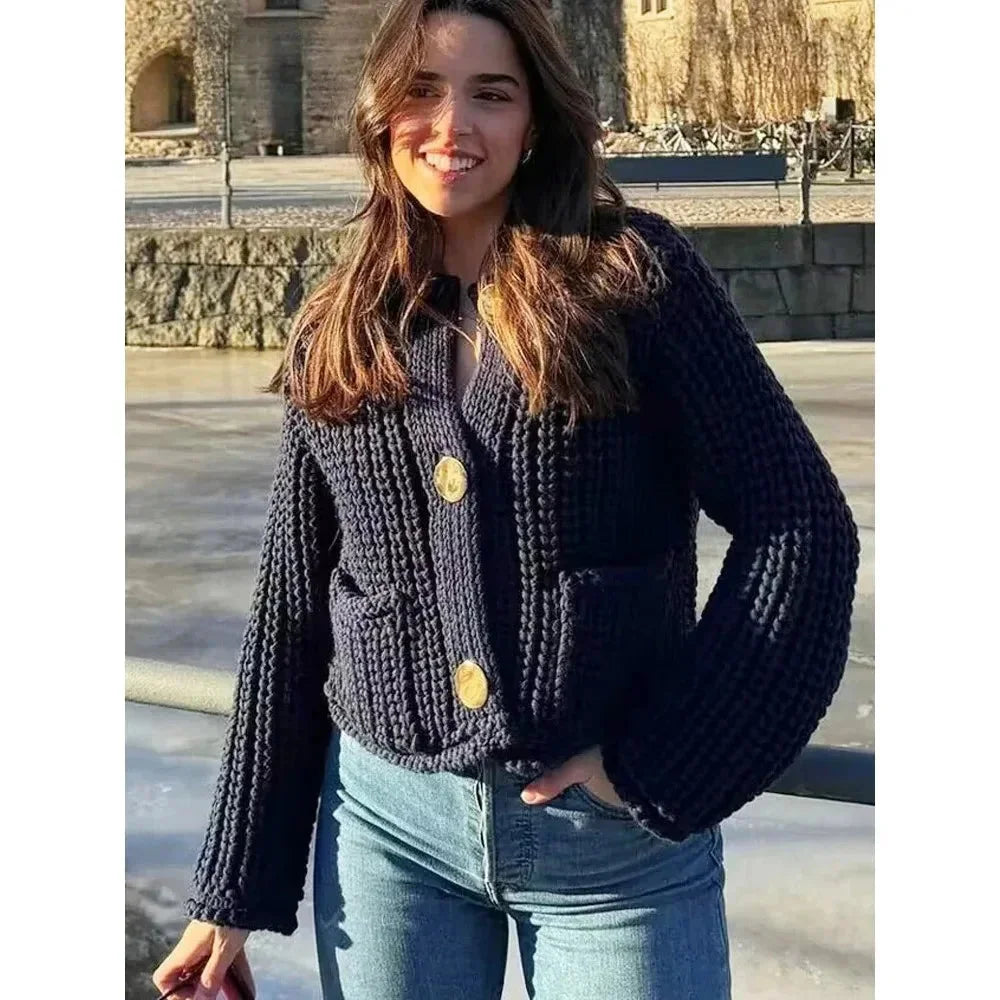 Women's Chunky Knit Cropped Cardigan with Gold Buttons