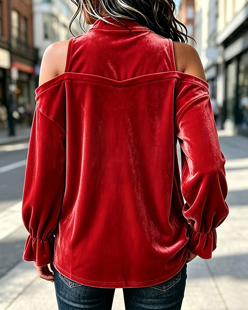 Women’s Velvet Cold Shoulder Mock Neck Blouse