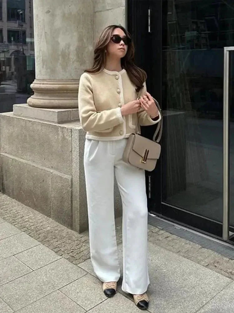Women's Cropped Tweed-Style Jacket with Contrast Trim