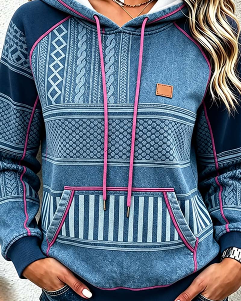 Women's Printed Drawstring Hoodie with Kangaroo Pocket