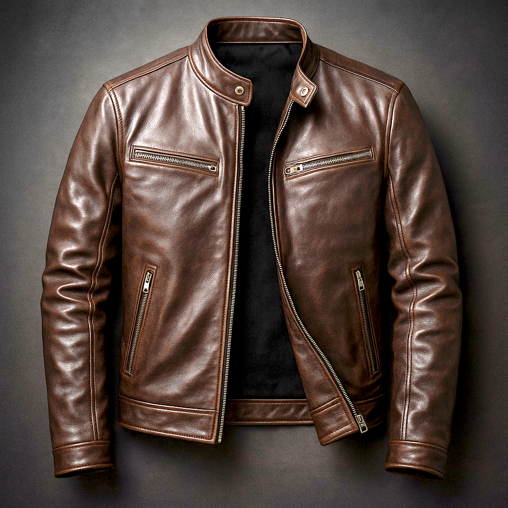 Men’s Classic Faux Leather Moto Jacket with Snap Collar