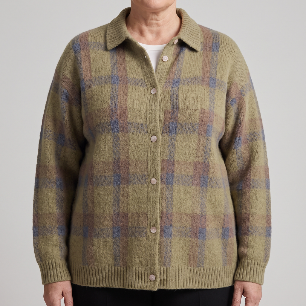 Women’s Brushed Check Knit Shirt Cardigan with Ribbed Collar