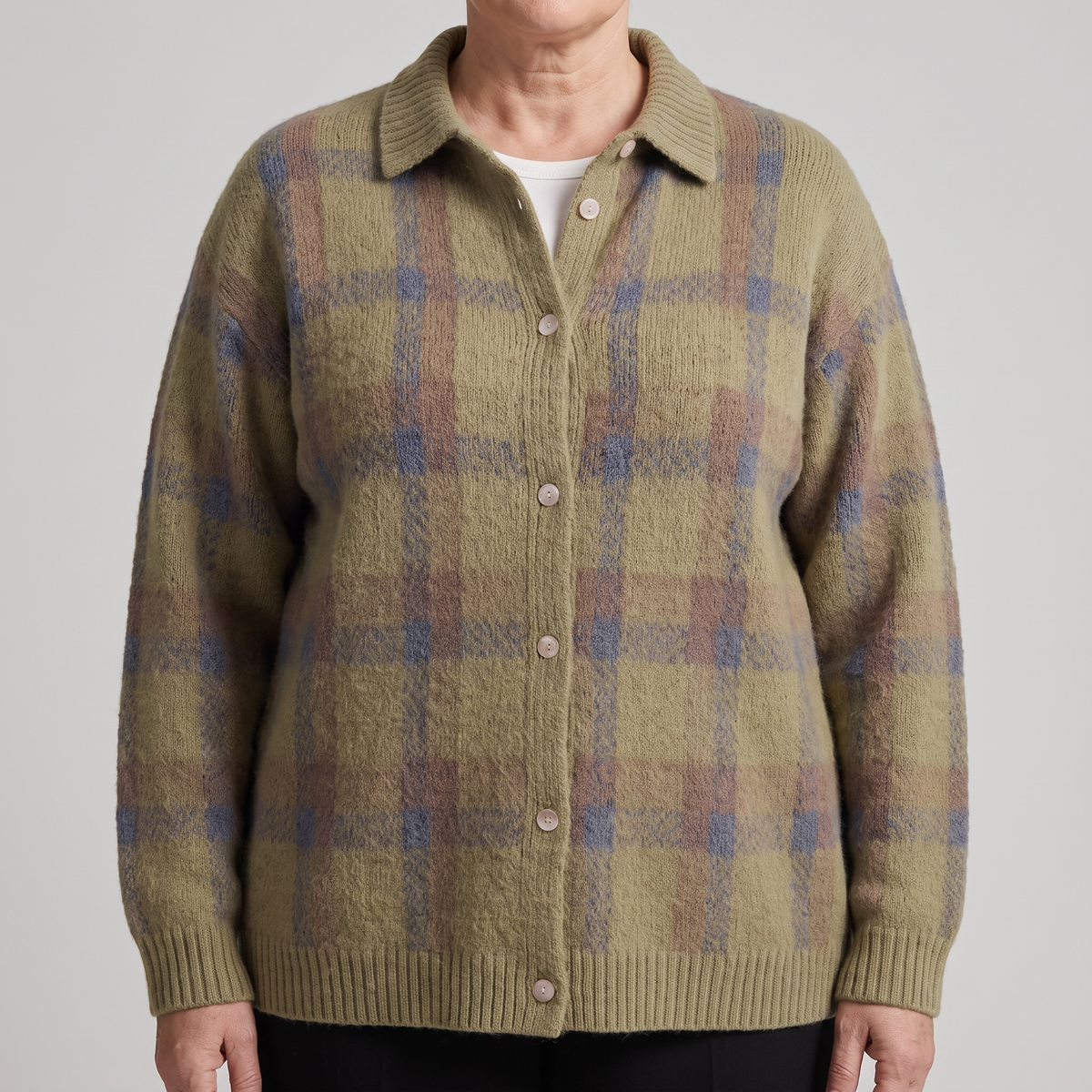 Women’s Brushed Check Knit Shirt Cardigan with Ribbed Collar