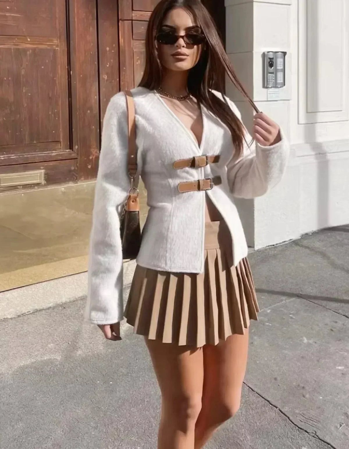 Women's Textured Jacket with Contrast Buckle Straps